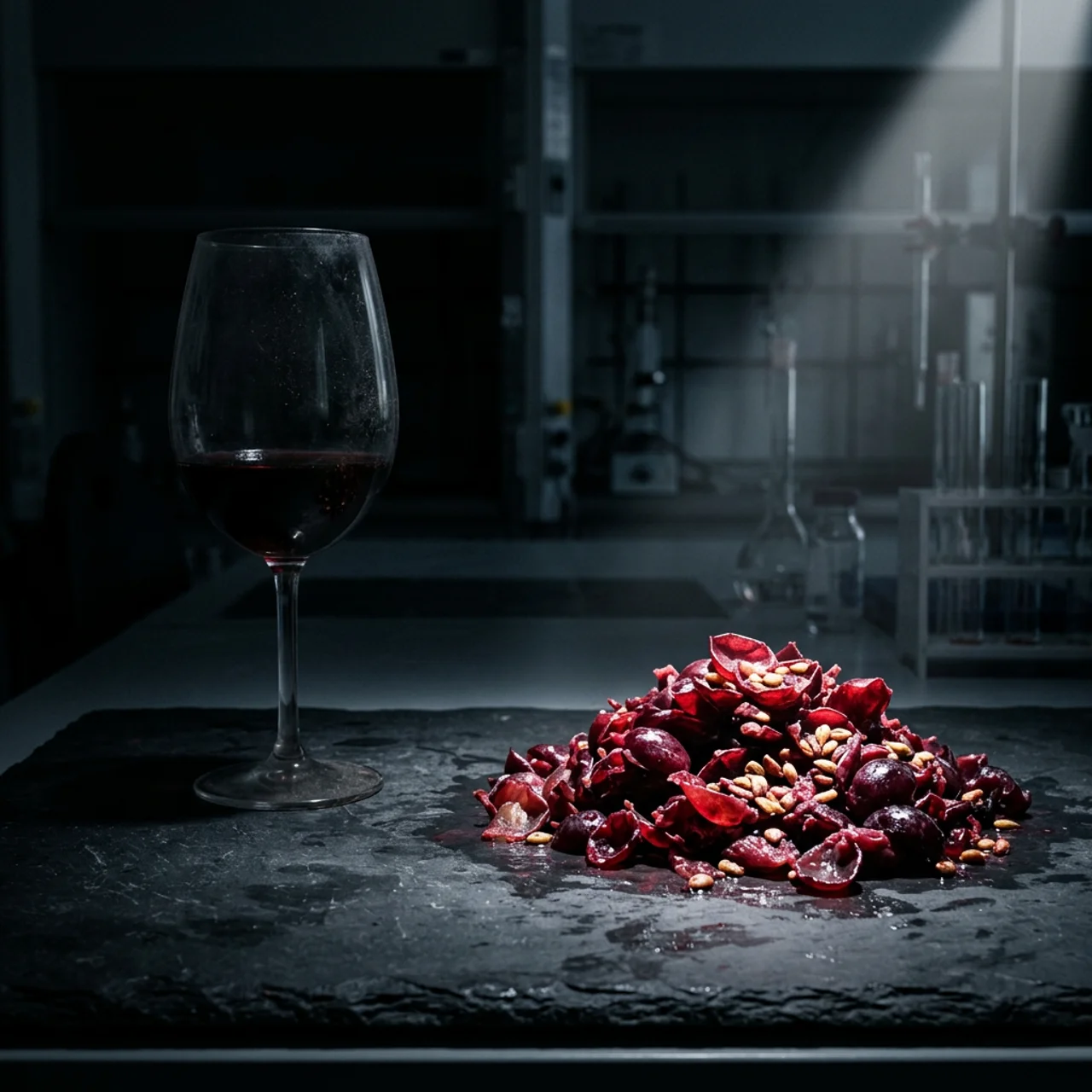 A glass of red wine beside a pile of crushed red grape skins and seeds on a laboratory bench