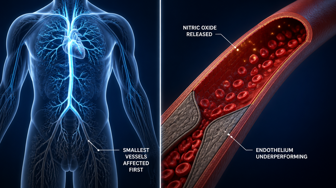 Medical illustration of the human vascular system beside an artery cross-section showing the endothelium releasing nitric oxide