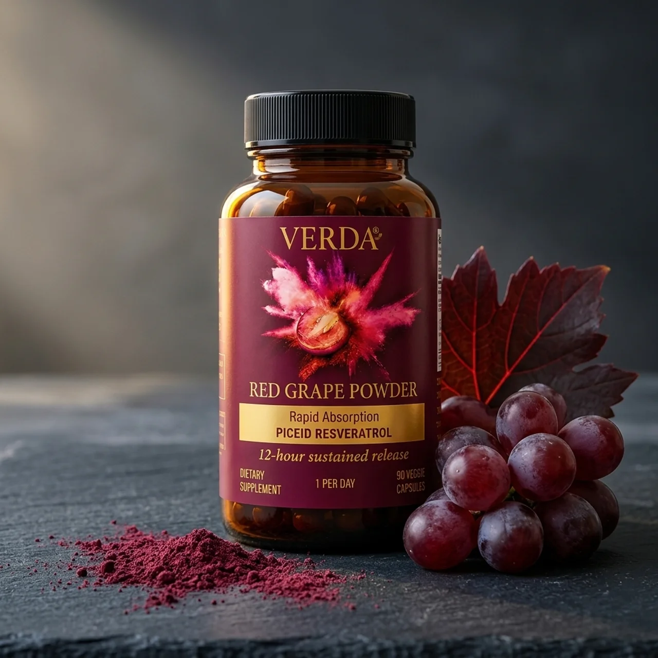 A bottle of Verda Red Grape Powder capsules beside fresh red grapes and a scatter of grape powder