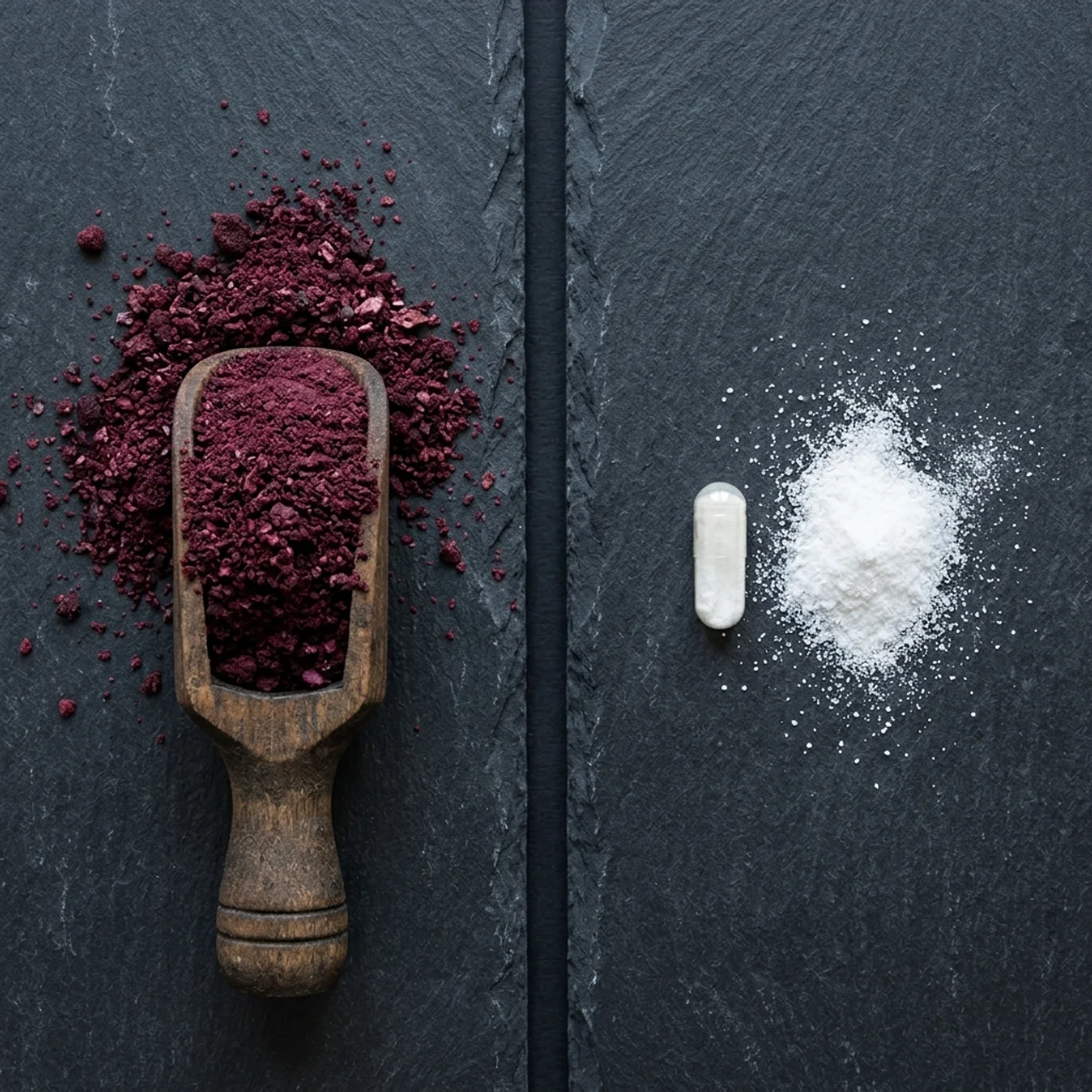 A wooden scoop of deep red whole grape powder beside a capsule of white isolated extract on dark slate
