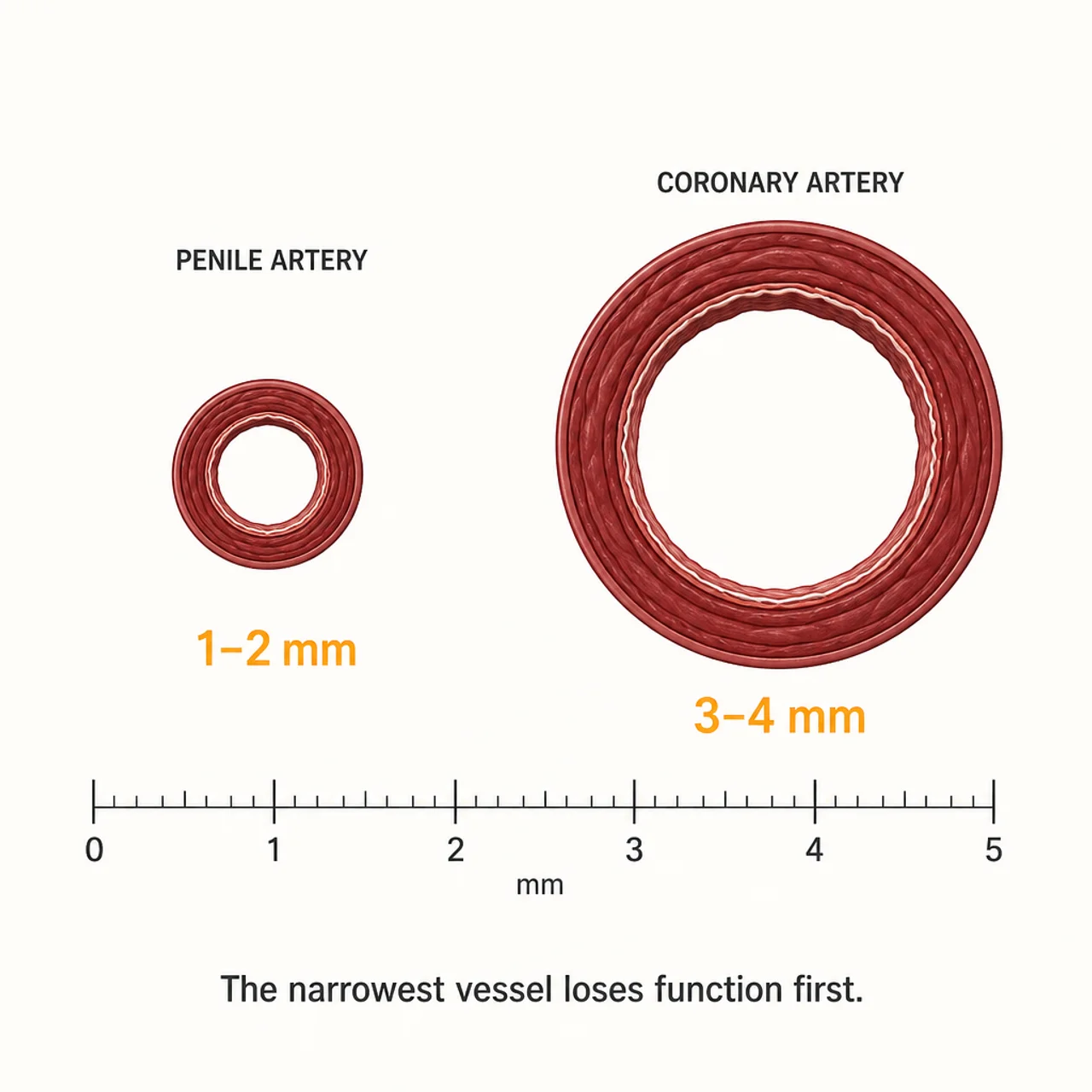 Diagram comparing a 1–2 mm penile artery cross-section with a 3–4 mm coronary artery, showing the narrowest vessel loses function first
